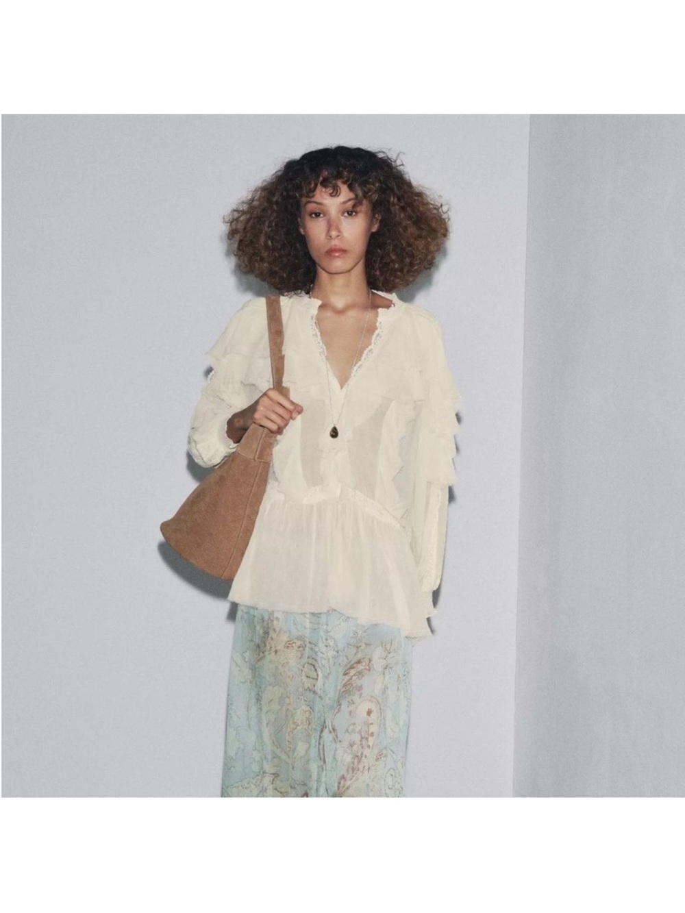 Zara Cream Ruffle V-Neck Peasant Blouse - Cream